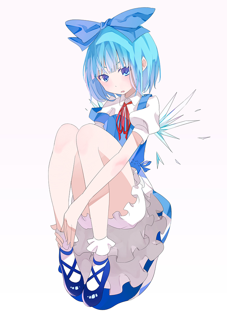 bad_id bad_pixiv_id bloomers blue_dress blue_eyes blue_hair cirno dress ice ice_wings kokono_(sakaebaka) looking_at_viewer off_shoulder pink_background puffy_sleeves shirt short_sleeves solo touhou underwear wings