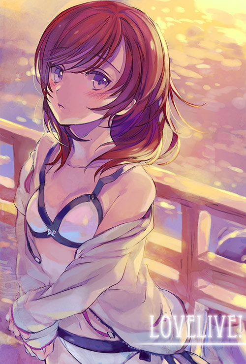 ame_yamori bikini blush copyright_name jacket jacket_over_swimsuit long_hair love_live! love_live!_school_idol_project nishikino_maki ocean off_shoulder open_clothes open_jacket purple_eyes railing red_hair solo sunset swimsuit v_arms water white_bikini