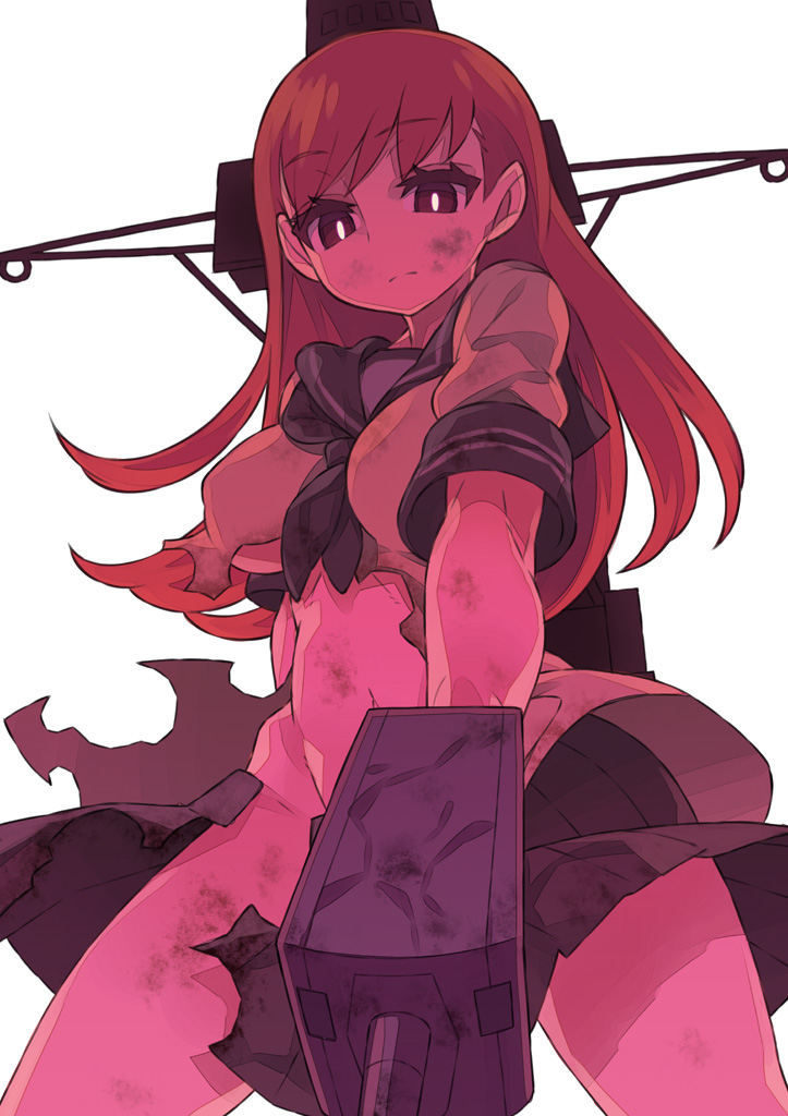 breasts bright_pupils brown_hair cowboy_shot dirty expressionless eyebrows_visible_through_hair itsumo_nokoru kantai_collection long_hair medium_breasts navel neckerchief ooi_(kantai_collection) pleated_skirt red_eyes school_uniform serafuku simple_background skirt solo torn_clothes white_background