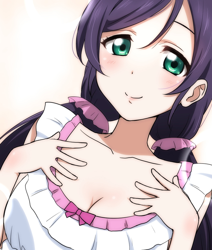 bad_id bad_pixiv_id bow breasts cleavage collarbone dutch_angle green_eyes hair_between_eyes hands_on_own_chest ikari_manatsu long_hair looking_at_viewer love_live! love_live!_school_idol_project medium_breasts pink_scrunchie purple_hair scrunchie smile solo toujou_nozomi twintails upper_body