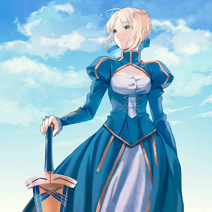 ahoge artoria_pendragon_(all) avalon_(fate/stay_night) bad_id bad_pixiv_id blonde_hair dress excalibur fate/stay_night fate_(series) green_eyes hand_on_hilt planted_sword planted_weapon saber sheath sheathed solo sword taa_(acid) weapon