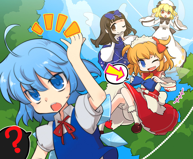 black_hair blonde_hair blue_eyes bow chestnut_mouth cirno dress drill_hair fang hair_bow inuinui long_hair luna_child multiple_girls one_eye_closed open_mouth red_eyes short_hair skirt smile star_sapphire sunny_milk theft touhou twintails wings