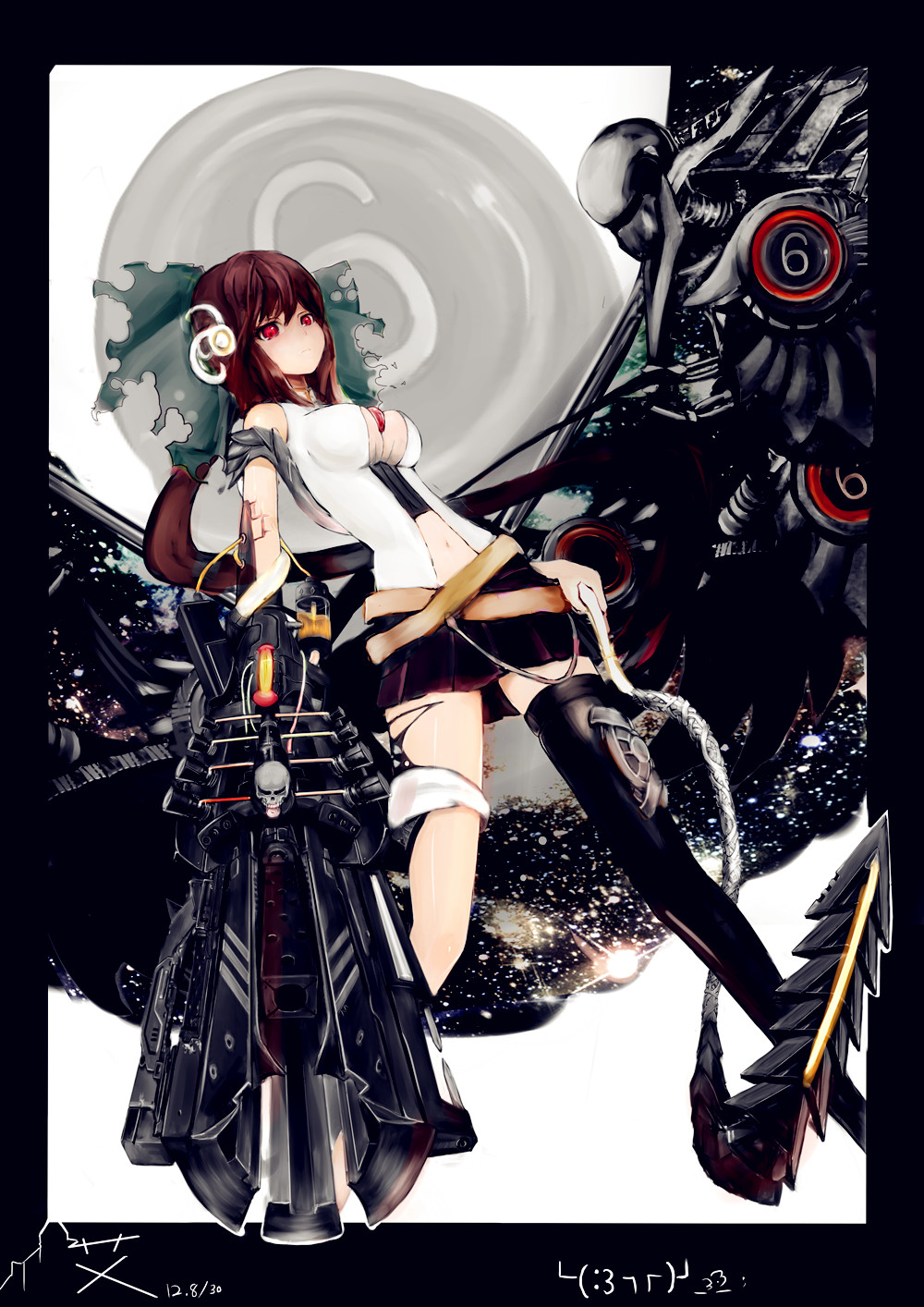 1girl alternate_weapon arm_cannon artificial_wings belt border bow breasts cape cleavage hair_bow highres kiyomasa_ren long_hair medium_breasts navel navel_cutout number red_eyes reiuji_utsuho ribbon shirt single_thighhigh skirt skull sleeveless sleeveless_shirt solo thighhighs third_eye touhou weapon whip windowboxed wings