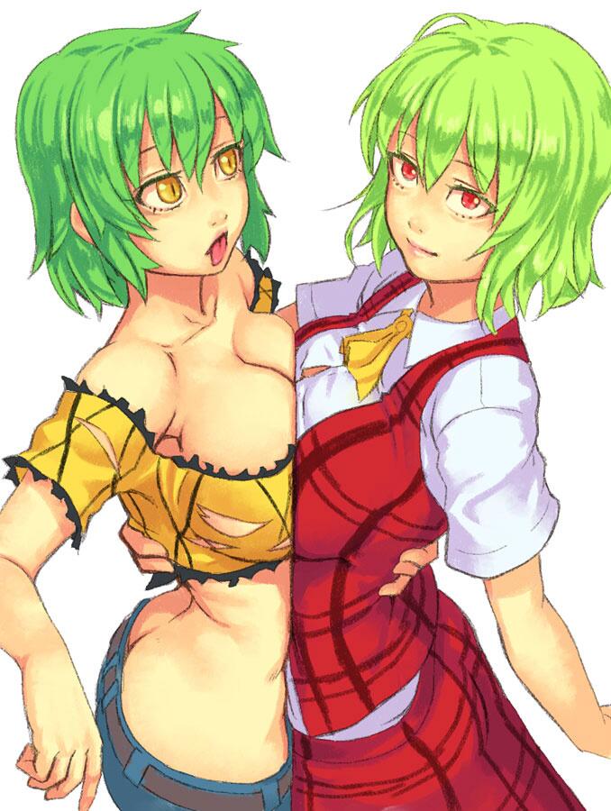 ascot bare_shoulders breast_press breasts butt_crack cleavage crop_top crossover green_hair hand_on_back hikage_(senran_kagura) kazami_yuuka large_breasts look-alike looking_at_viewer midriff multiple_girls plaid plaid_skirt plaid_vest red_eyes senran_kagura short_hair simple_background skirt symmetrical_docking tongue tongue_out torn_clothes touhou trait_connection vest white_background yellow_eyes yuuji_(and)