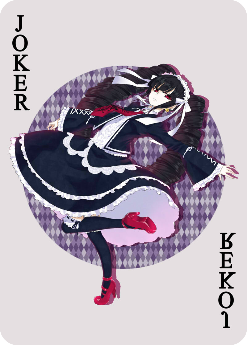 black_hair black_legwear bonnet card celestia_ludenberck danganronpa danganronpa_1 diamond drill_hair english gothic_lolita joker lolita_fashion long_hair masuishi_kinoto necktie playing_card red_eyes simple_background solo thighhighs twin_drills twintails