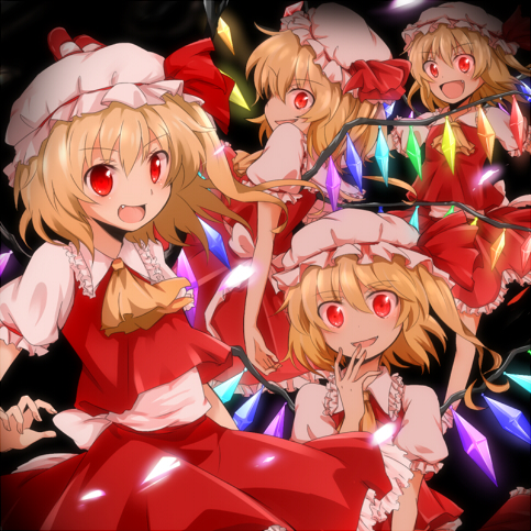 ascot black_background blonde_hair clone fang flandre_scarlet four_of_a_kind_(touhou) hand_to_own_mouth hat hat_ribbon lowres mary_janes multiple_girls nimomo open_mouth red_eyes ribbon shoes short_hair side_ponytail simple_background skirt skirt_set smile touhou wings