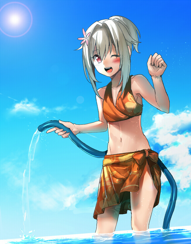 ;d androgynous bad_id bad_pixiv_id blush cloud day erubo flower groin hair_ornament hose male_focus navel one_eye_closed open_mouth original otoko_no_ko ponytail red_eyes silver_hair sky smile solo swimsuit wading yohane_bonaventura