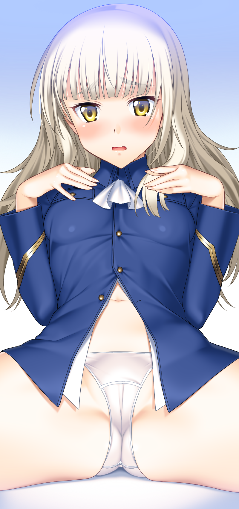 blonde_hair blush breasts highres long_hair medium_breasts military no_eyewear panties perrine_h_clostermann solo spread_legs strike_witches suzume_inui underwear uniform white_panties world_witches_series yellow_eyes
