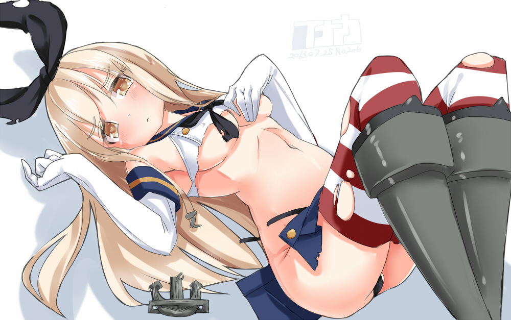 black_panties blonde_hair blush boots breasts elbow_gloves embarrassed gloves grey_footwear hairband inaka_keikou kantai_collection long_hair lying on_back panties shimakaze_(kantai_collection) skirt small_breasts solo striped striped_legwear thighhighs torn_clothes underboob underwear yellow_eyes