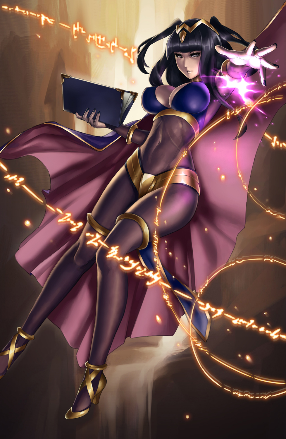 alternate_footwear black_hair book breasts cape cleavage eu03 fire_emblem fire_emblem:_kakusei high_heels highres large_breasts legs light_smile long_hair long_legs magic nail_polish shoes sidelocks skin_tight solo tharja thighs