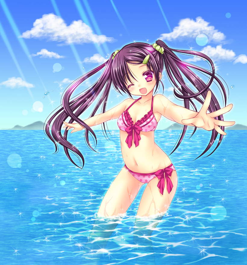 bikini cover cover_page long_hair ocean one_eye_closed original outstretched_arms pink_eyes purple_hair rico_(pico-ba) smile solo spread_arms swimsuit twintails wading water