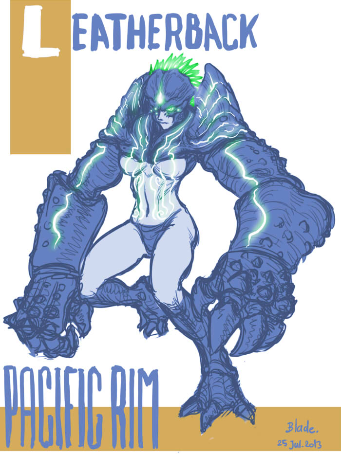 bikini_bottom blade_of_fury breasts character_name claws dated green_eyes leatherback medium_breasts monster_girl navel neon_trim oversized_forearms oversized_limbs pacific_rim personification solo talons underboob