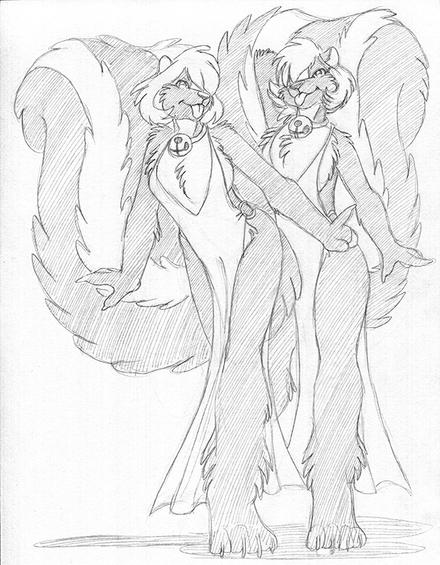 2019 anthro bell_collar bent_over breasts cheek_tuft chest_tuft claws clothed clothing collar dress duo female fluffy fluffy_tail fur greyscale hair hair_over_eye looking_at_viewer mammal mephitid monochrome multicolored_fur short_hair simple_background sketch skimpy skunk standing striped_tail stripes toe_claws tongue tongue_out tuft two_tone_fur wolfkidd