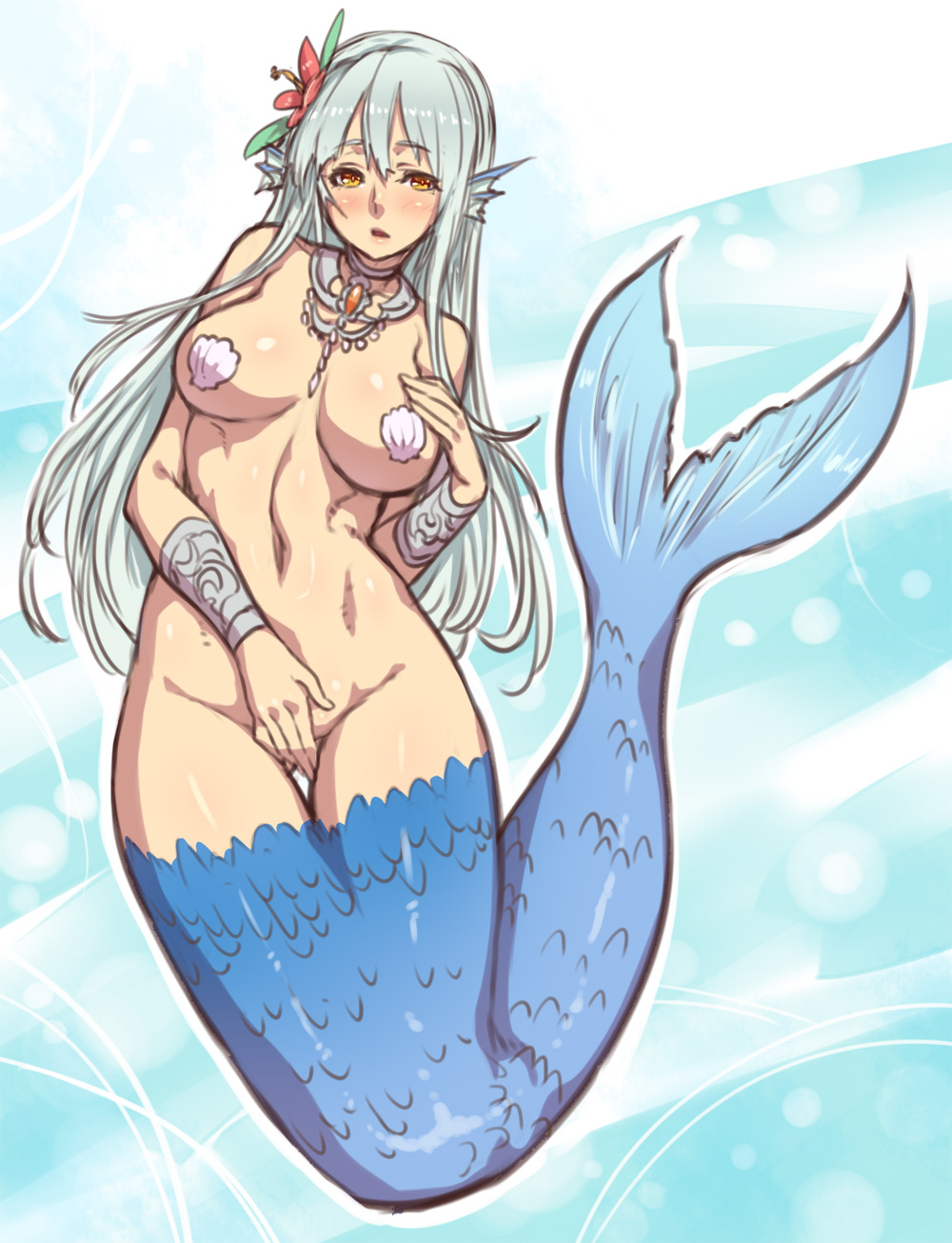 blue_hair bracer breasts choker covering covering_crotch flower hair_flower hair_ornament head_fins highres houtengeki jewelry large_breasts long_hair mermaid monster_girl navel necklace original seashell shell sketch solo tail yellow_eyes