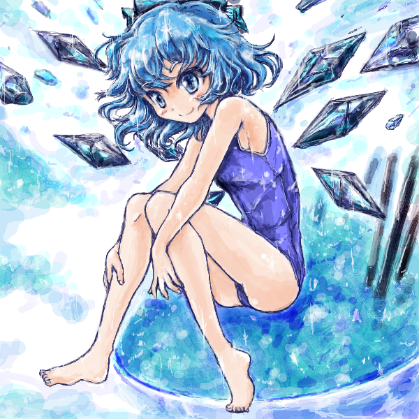 blue_background blue_eyes blue_hair bow cirno hair_bow ice ice_wings nanashii_(soregasisan) one-piece_swimsuit ribbon school_swimsuit short_hair smile solo swimsuit touhou wings