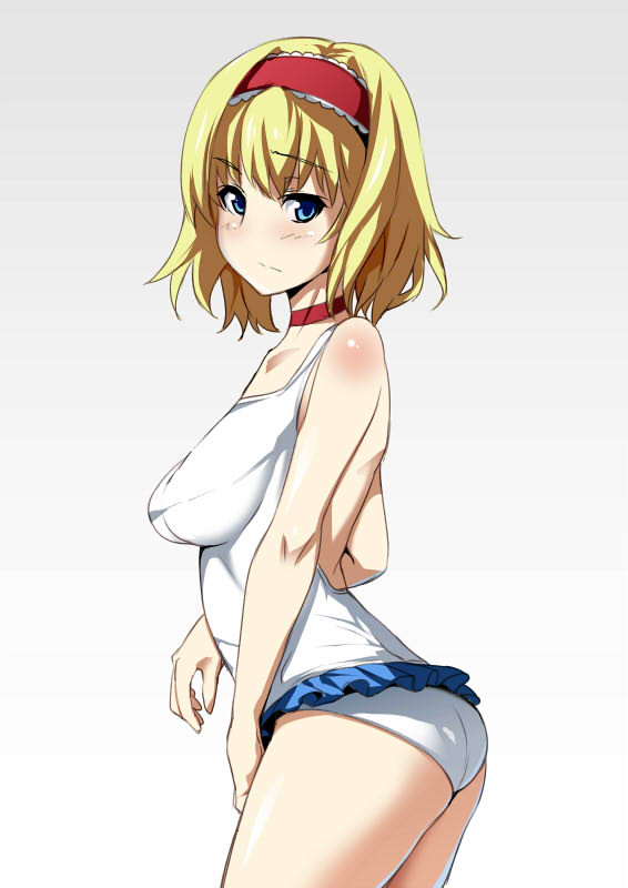 alice_margatroid alternate_costume aqua_eyes blonde_hair blush body_blush breasts choker frills gentsuki_(seiga) hairband large_breasts looking_at_viewer one-piece_swimsuit short_hair simple_background solo swimsuit touhou white_swimsuit