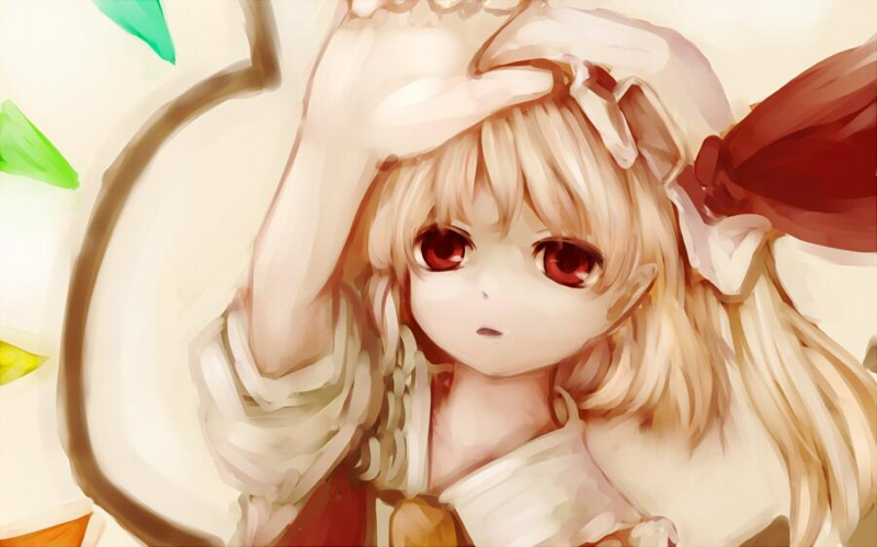 arm_up bad_id bad_pixiv_id blonde_hair flandre_scarlet hat hat_ribbon looking_at_viewer mob_cap nishi_masakazu open_hand parted_lips pointy_ears red_eyes ribbon short_hair side_ponytail solo tan_background touhou upper_body wings