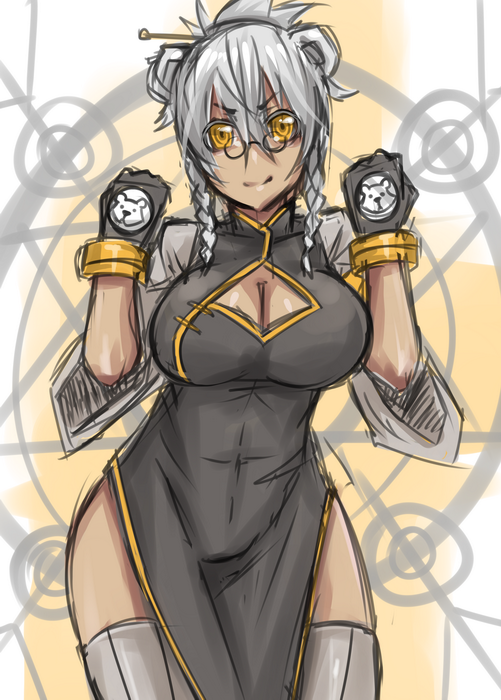 animal_ears bear_ears braid breasts character_request china_dress chinese_clothes cleavage cleavage_cutout clenched_hands covered_navel dark_skin dress exaxuxer glasses gloves grey_legwear hair_ornament hair_stick large_breasts original pince-nez short_hair side_slit silver_hair sketch thighhighs twin_braids yellow_eyes