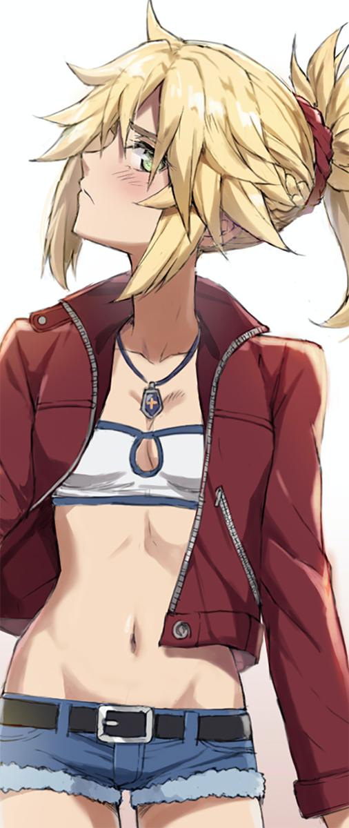 1girl bangs belt beltbra blonde_hair blue_shorts blush bra closed_mouth commentary_request cowboy_shot denim denim_shorts fate/apocrypha fate_(series) green_eyes highres jacket jewelry mordred_(fate) mordred_(fate)_(all) navel necklace open_clothes open_jacket ponytail profile red_jacket short_shorts shorts solo toned tonee underwear white_background white_bra