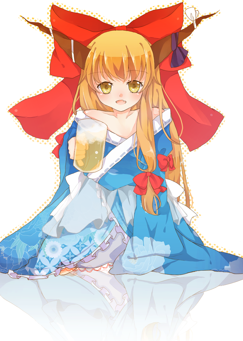 alcohol alternate_costume beer fang horns ibuki_suika izamin japanese_clothes orange_hair ribbon solo touhou yellow_eyes