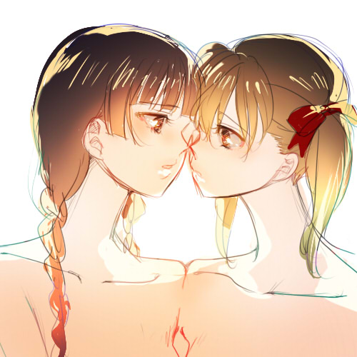 backlighting braid brown_hair fukuzawa_yumi hair_ribbon hime_cut imminent_kiss looking_at_another lowres maria-sama_ga_miteru multiple_girls nude one-eyed raafuru ribbon shimazu_yoshino twin_braids twintails white_background yuri