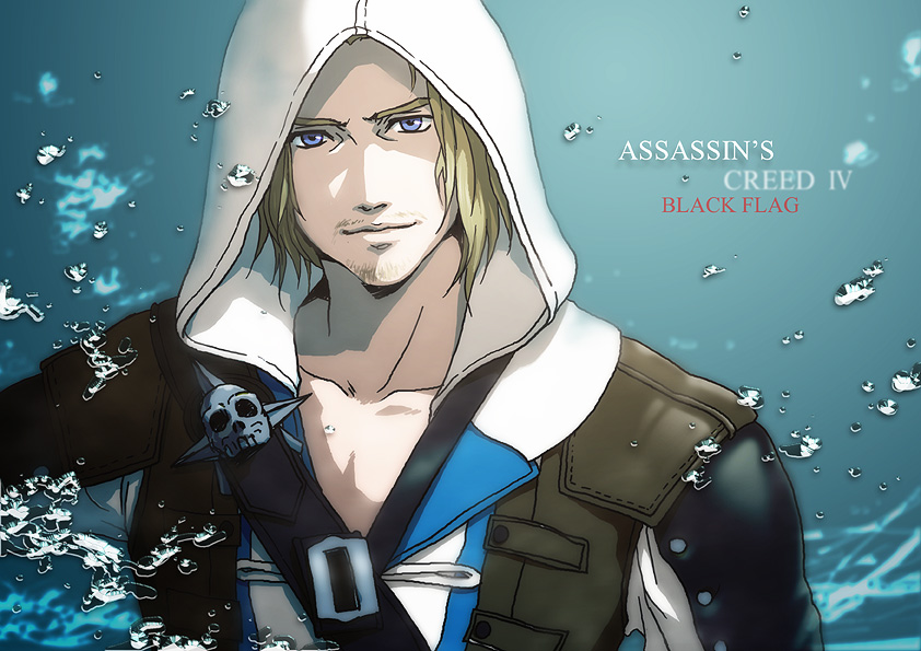 3459ym assassin's_creed_(series) assassin's_creed_iv:_black_flag blonde_hair blue_eyes edward_kenway hood long_hair male_focus smile solo water