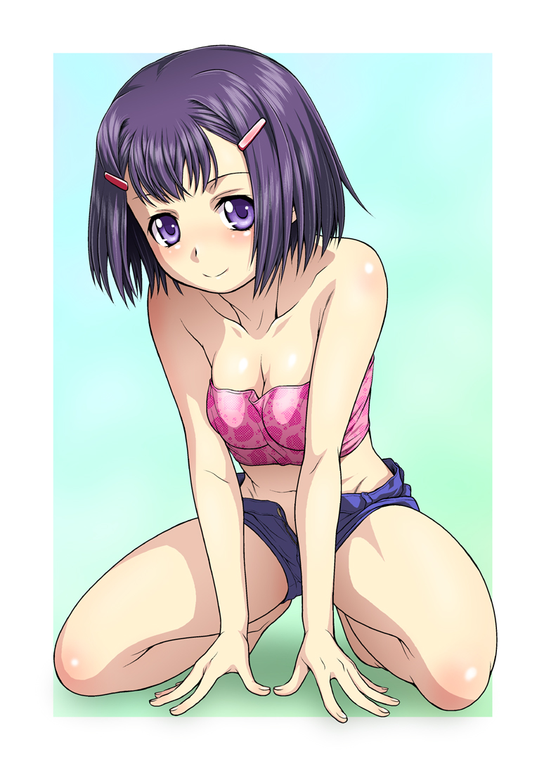 all_fours bare_shoulders barefoot blush breasts cleavage collarbone hair_ornament hairclip kouda_tomohiro looking_at_viewer medium_breasts midriff open_fly original purple_eyes purple_hair short_hair short_shorts shorts smile solo strapless tubetop unzipped