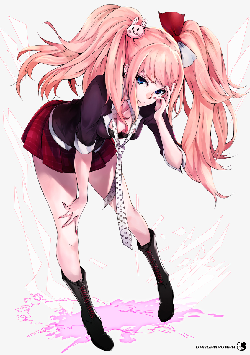black_footwear blonde_hair blue_eyes boots bow breasts cleavage cross-laced_footwear danganronpa danganronpa_1 enoshima_junko hair_bow hair_ornament high_heel_boots high_heels highres ikusaba_mukuro knee_boots lace-up_boots leaning leaning_forward long_hair looking_at_viewer medium_breasts mille_(dieci) nail_polish necktie pink_hair school_uniform skirt sleeves_rolled_up smile solo twintails
