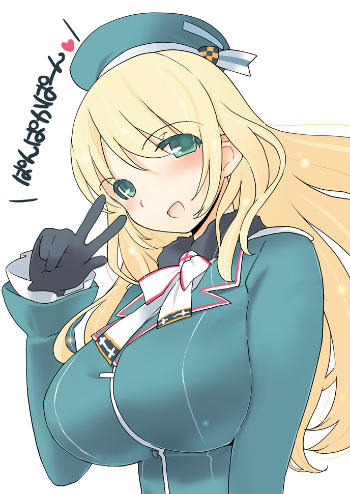 :d atago_(kantai_collection) bad_id bad_pixiv_id black_gloves blonde_hair blue_hat blush breasts gloves green_eyes hat jiji kantai_collection large_breasts long_hair looking_at_viewer military military_uniform open_mouth pan-pa-ka-paaan! simple_background smile solo translated uniform v white_background