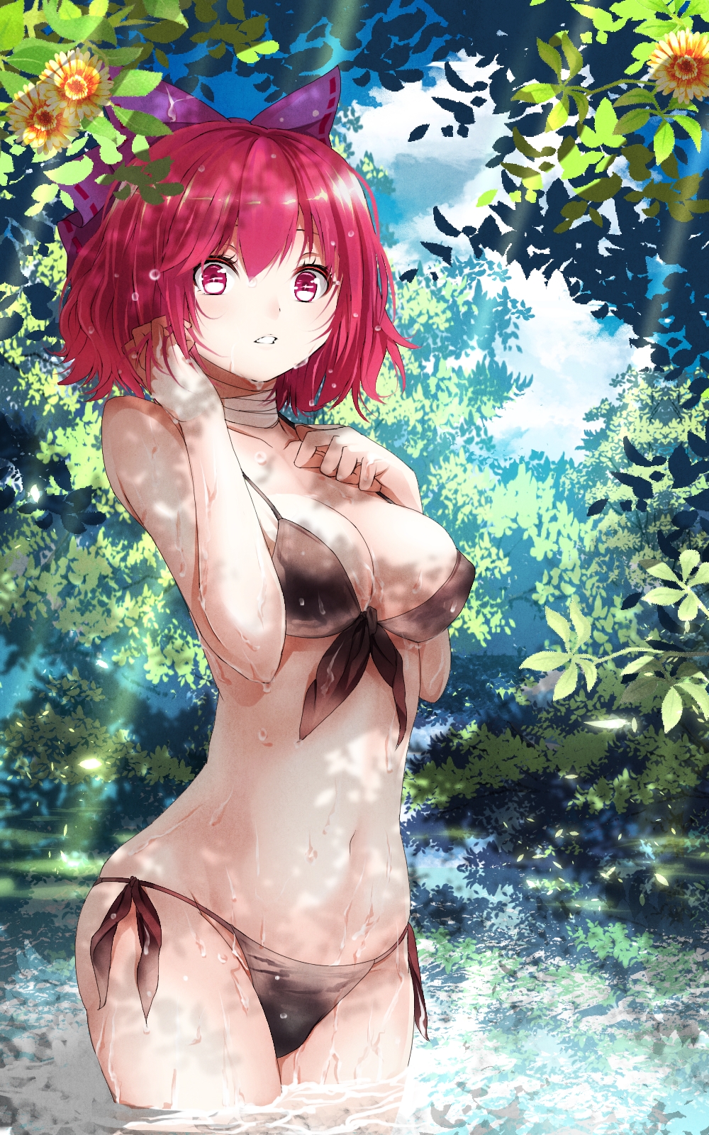 alternate_costume bandages bikini black_bikini bow breasts cleavage collarbone flower hair_bow hand_in_hair hand_on_own_chest highres large_breasts looking_at_viewer md5_mismatch mikoma_sanagi red_eyes red_hair sekibanki side-tie_bikini solo sunlight swimsuit touhou water wet wet_hair