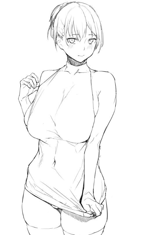 bangs bare_shoulders blush breasts closed_mouth commentary_request covered_navel embarrassed greyscale hair_bun hand_up large_breasts looking_at_viewer monochrome naked_shirt obmas_(pfeito) original shirt simple_background skindentation solo standing thighhighs white_background
