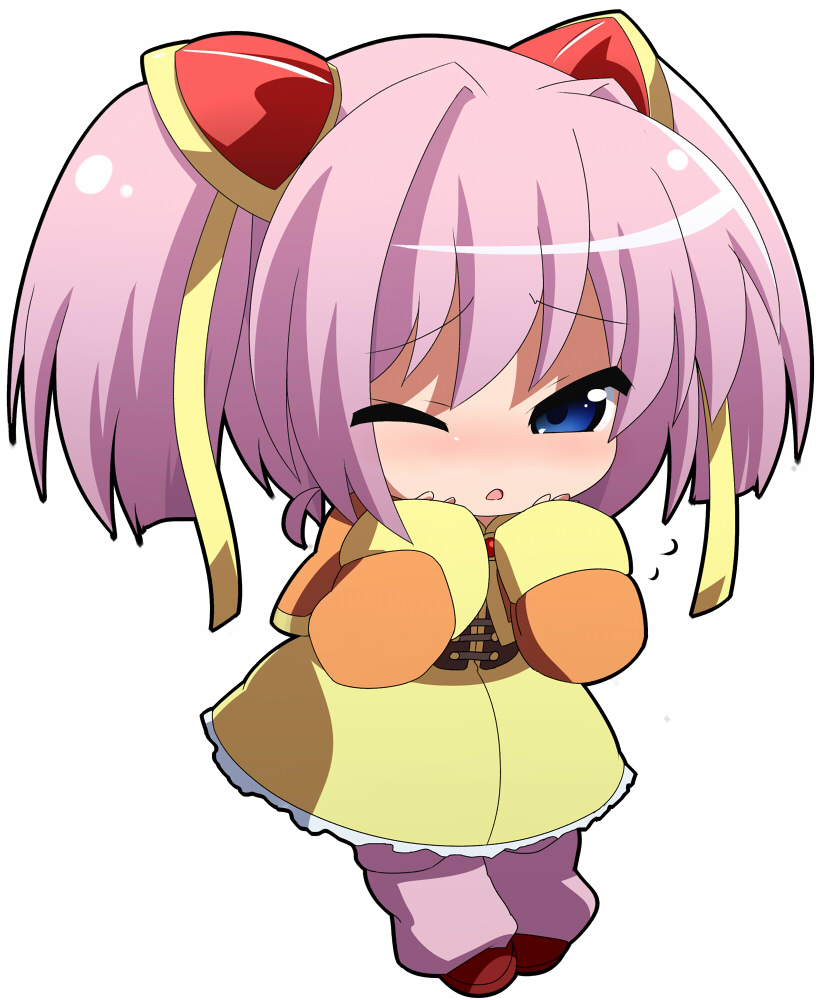 blue_eyes blush chibi copyright_request looking_at_viewer oka_(bananashoe) purple_hair short_hair simple_background solo white_background