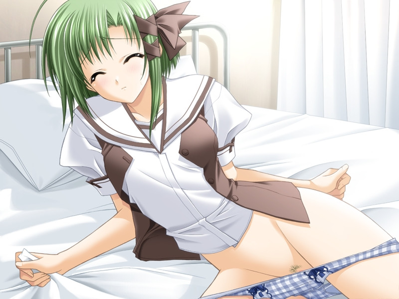 1girl bed eyes_closed game_cg green_hair pillow shigure_asa short_hair shuffle! underwear
