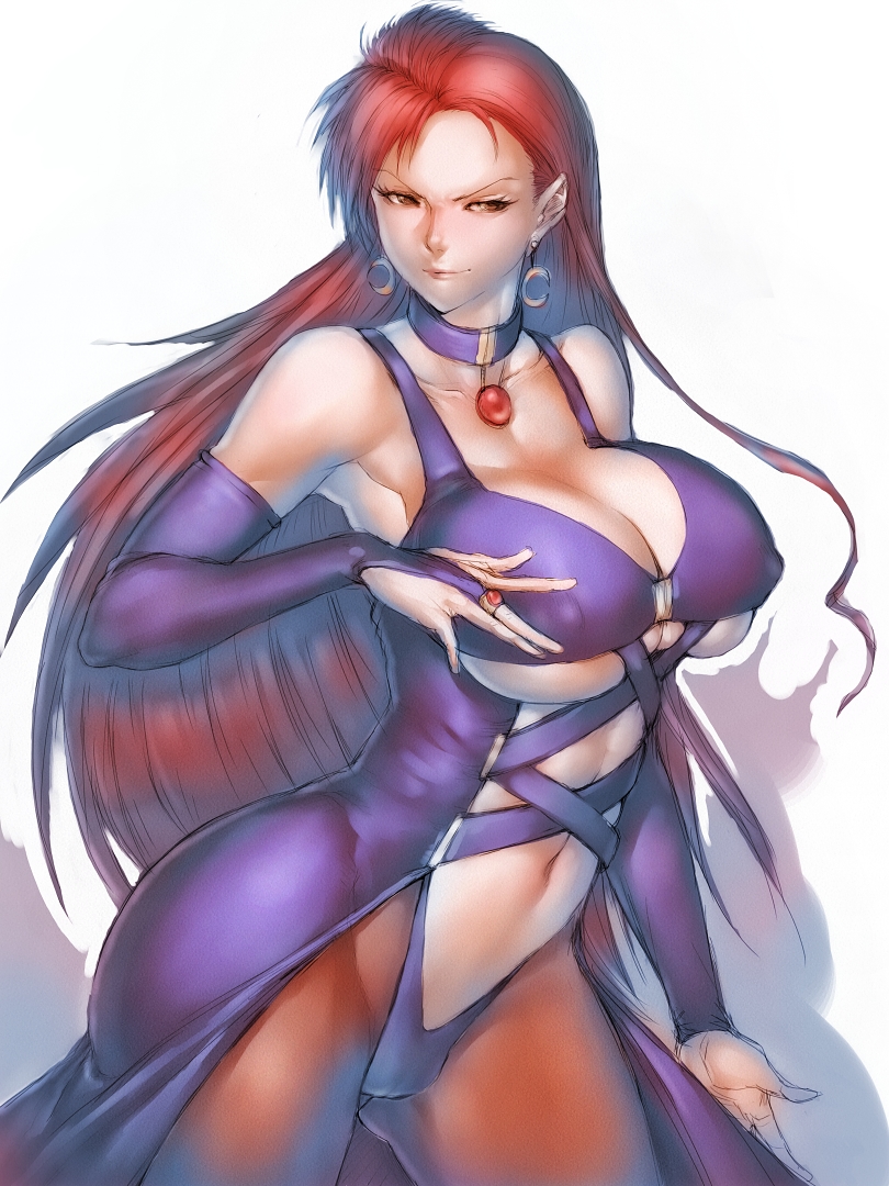 breasts bridal_gauntlets center_opening choker cleavage covered_nipples crescent_moon earrings fumio_(rsqkr) gem huge_breasts jewelry lips long_hair moon navel pantyhose pointy_ears red_eyes red_hair ring saphine_grace simple_background smile solo super_robot_wars super_robot_wars_the_lord_of_elemental underboob