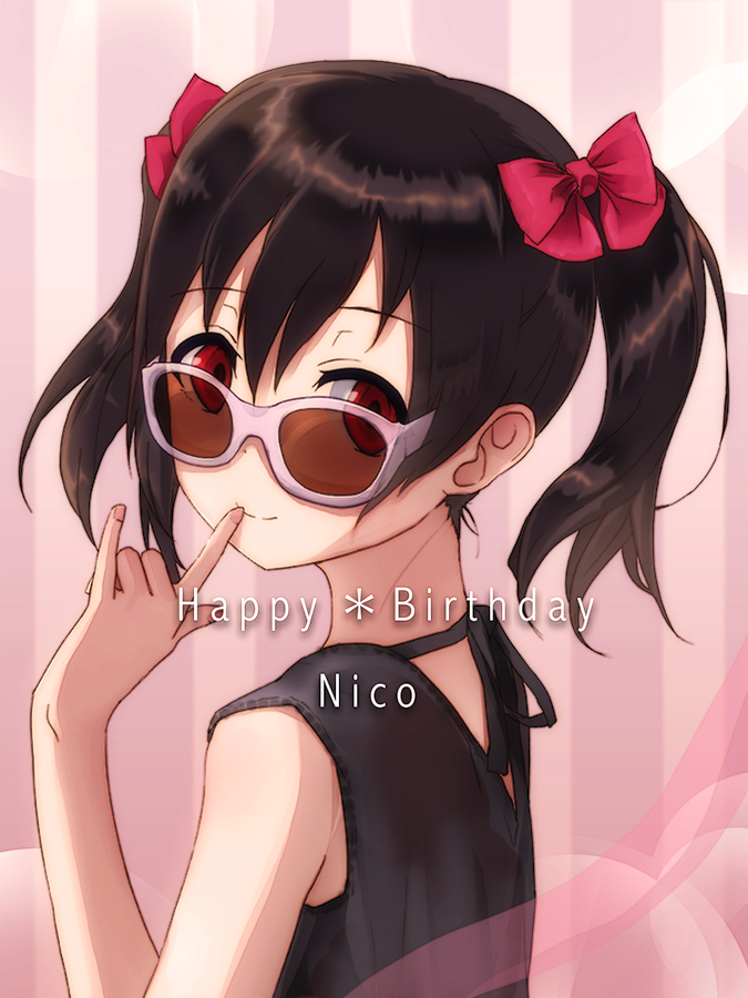 \m/ bad_id bad_pixiv_id black_hair bow character_name choker finger_to_mouth hair_bow happy_birthday ivioss long_hair looking_back love_live! love_live!_school_idol_project red_eyes ribbon_choker solo sunglasses twintails yazawa_nico