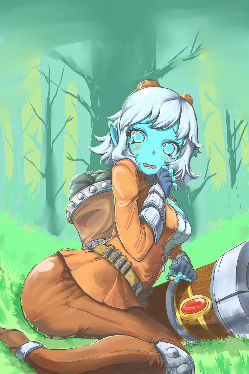 backpack bag belt blue_eyes blue_skin blush bracer breasts cannon fingerless_gloves forest gloves goggles goggles_on_head highres league_of_legends medium_breasts nature pants pointy_ears short_hair silver_hair sitting solo tears tristana trombe wariza