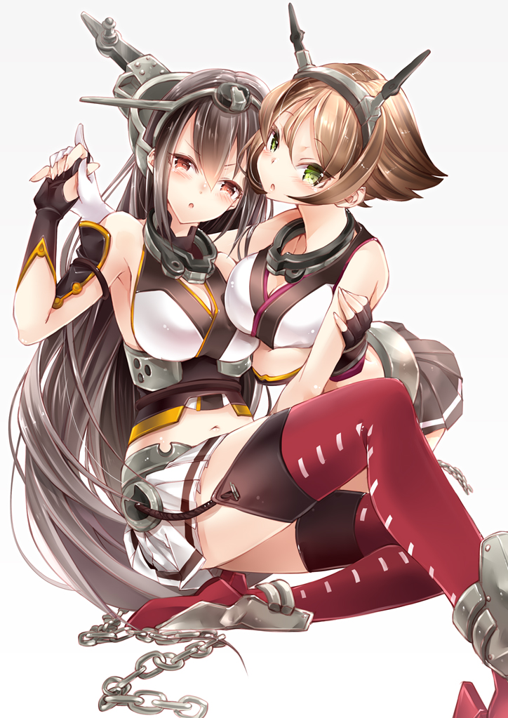 2girls :o asymmetrical_docking bare_shoulders black_gloves boots breast_press breasts brown_hair chain cleavage fingerless_gloves garter_straps gloves green_eyes hair_ornament kantai_collection large_breasts long_hair midriff miniskirt multiple_girls mutsu_(kantai_collection) nagato_(kantai_collection) navel red_eyes red_legwear short_hair skirt tears thigh_boots thighhighs white_gloves zettai_ryouiki