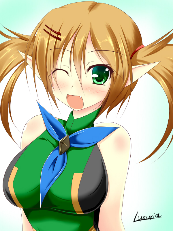 ;d bangs bare_shoulders blush body_blush bow breasts brown_hair fang gradient gradient_background green_eyes hair_between_eyes hair_ornament hairclip halterneck honey_jacket large_breasts looking_at_viewer luxuria one_eye_closed open_mouth patty_(pso2) phantasy_star phantasy_star_online_2 pointy_ears scrunchie short_twintails signature sleeveless smile solo turtleneck twintails upper_body