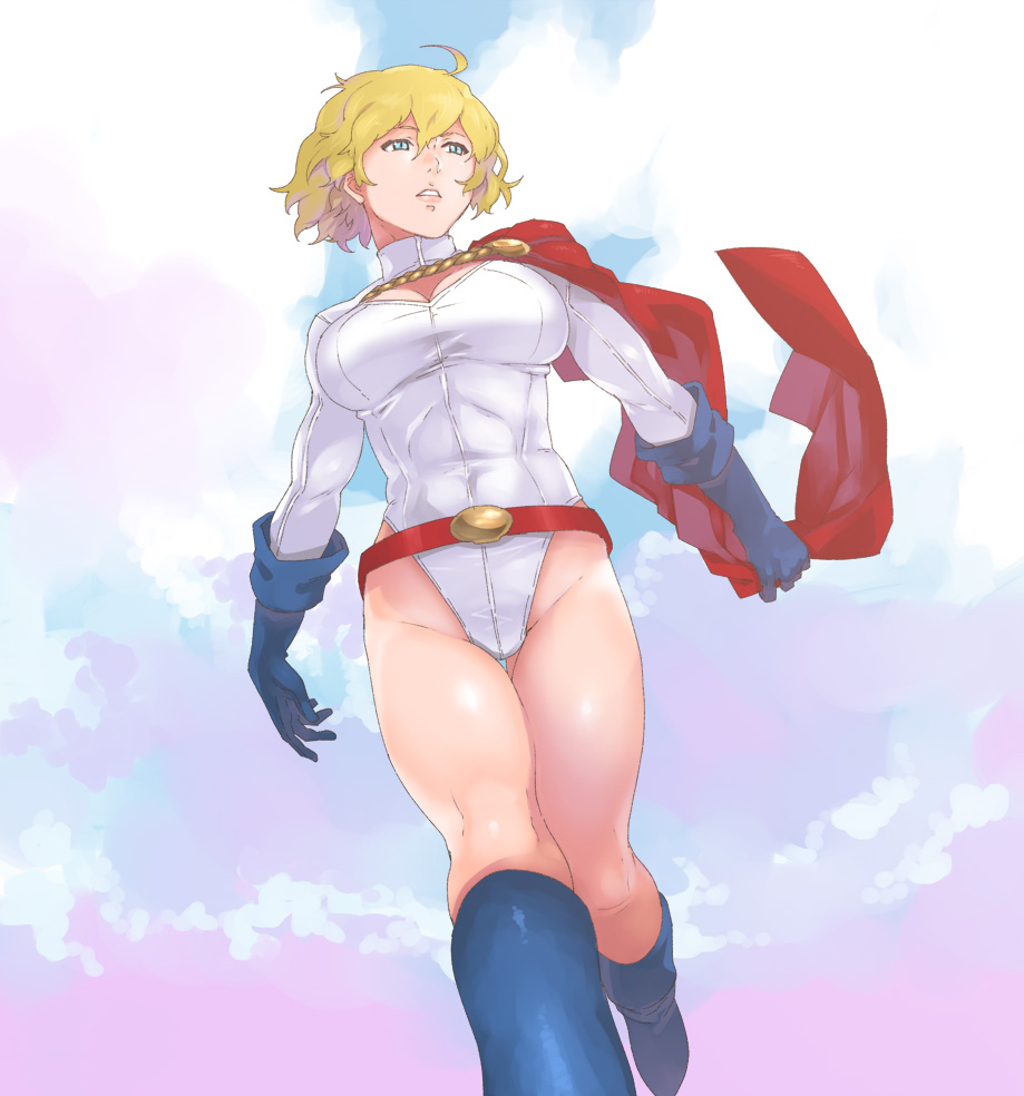 belt blonde_hair blue_eyes blue_footwear blue_gloves boots breasts cape cleavage_cutout dc_comics gloves jack_hamster large_breasts leotard loose_belt parted_lips power_girl short_hair solo