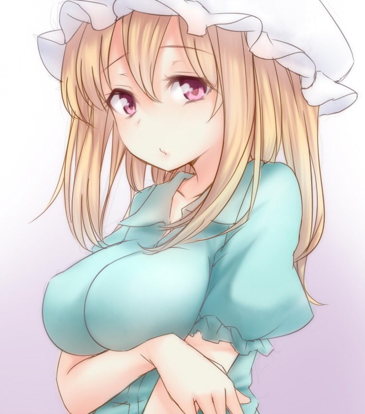 blonde_hair breast_hold breasts hat impossible_clothes impossible_shirt large_breasts long_hair looking_at_viewer maribel_hearn neo-traditionalism_of_japan purple_eyes shirt solo tori_(minamopa) touhou