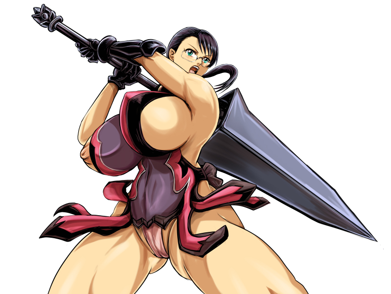 black_hair breasts cattleya glasses large_breasts milf nipple_slip nipples open_mouth patsuki ponytail queen's_blade queen's_blade sideboob sword weapon white_background