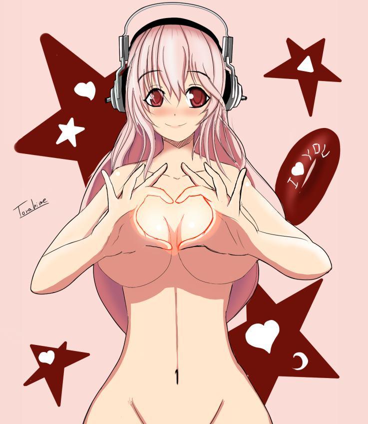 blush breasts censored convenient_censoring headphones heart heart_hands large_breasts long_hair navel nitroplus nude out-of-frame_censoring pink_hair red_eyes smile solo star super_sonico torahime_(roland00)