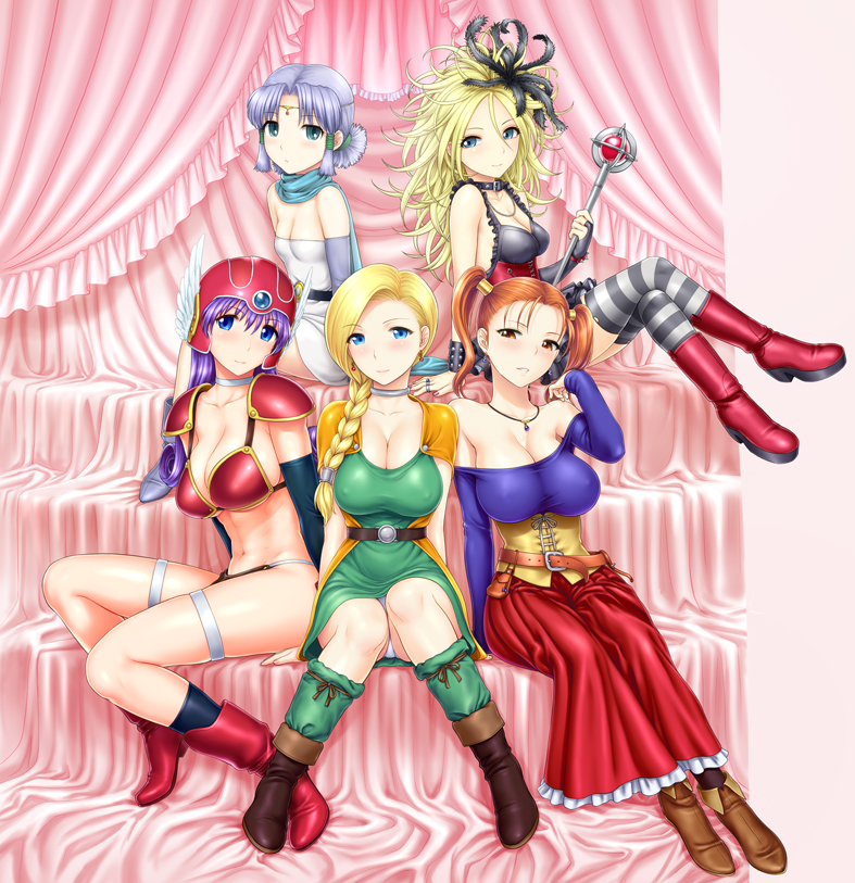 abs ankle_boots armor belt bianca bikini_armor blonde_hair blue_eyes blush boots braid breasts brown_eyes choker circlet cleavage collar corset covered_nipples crossed_legs detached_sleeves dragon_quest dragon_quest_iii dragon_quest_monsters_plus dragon_quest_swords dragon_quest_v dragon_quest_viii dress elbow_gloves feathers frilled_skirt frills gloves hair_feathers hair_over_shoulder hair_tubes helmet jessica_albert jewelry large_breasts long_dress long_hair marumo midriff multiple_girls nail_polish navel necklace panties pantyshot pantyshot_(sitting) purple_hair purple_shirt red_hair ring scarf setia shirt short_dress short_hair short_ponytail shoulder_pads sideboob single_braid single_elbow_glove sitting skirt small_breasts smile socks soldier_(dq3) st.germain-sal strapless strapless_dress striped striped_legwear studded_bracelet taut_clothes taut_dress thigh_strap thighhighs twintails underwear wand white_gloves white_panties winged_helmet