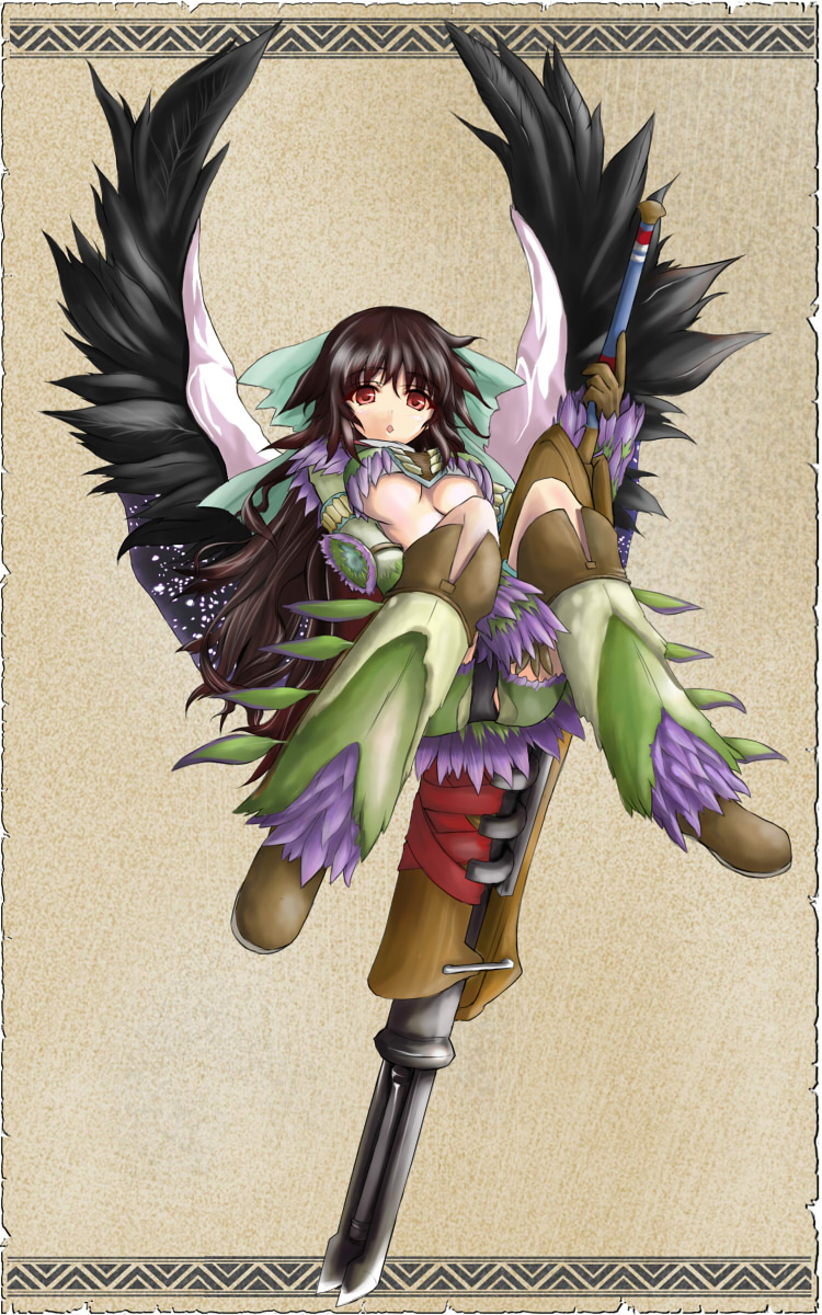 :&lt;&gt; alternate_costume armor boots bow breasts brown_hair cape feathers gloves hair_bow highres kurosaki6262922 long_hair medium_breasts monster_hunter open_mouth qurupeco_(armor) red_eyes reiuji_utsuho solo touhou underboob weapon wings