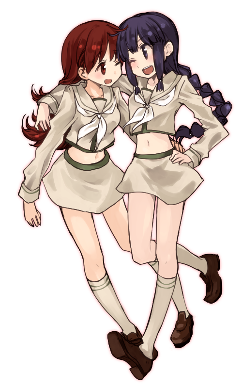arm_around_shoulder blue_hair braid hand_on_hip kantai_collection kitakami_(kantai_collection) kneehighs loafers long_hair midriff multiple_girls myama ooi_(kantai_collection) red_hair remodel_(kantai_collection) school_uniform shoes