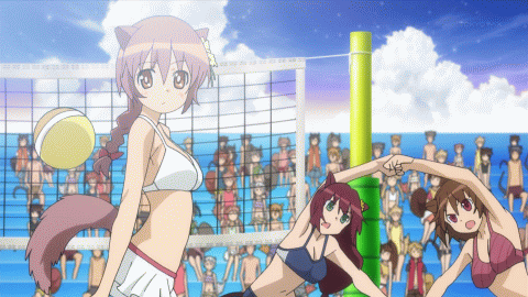 16:9 3girls animated animated_gif bikini blush breasts brown_hair character_request dog_days female large_breasts long_hair lowres multiple_girls open_mouth purple_hair short_hair swimsuit