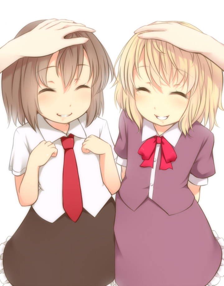 ^_^ blonde_hair brown_hair closed_eyes hand_on_another's_head hands maribel_hearn multiple_girls necktie out_of_frame petting pov pov_hands shirt simple_background skirt smile tori_(minamopa) touhou usami_renko white_background