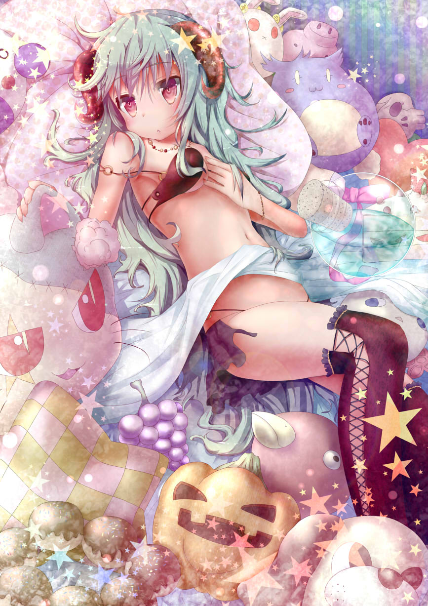 blanket blue_hair bottle bra cork hamuta0404 highres horns long_hair looking_at_viewer lying navel original panties red_eyes stuffed_animal stuffed_toy thighhighs underwear