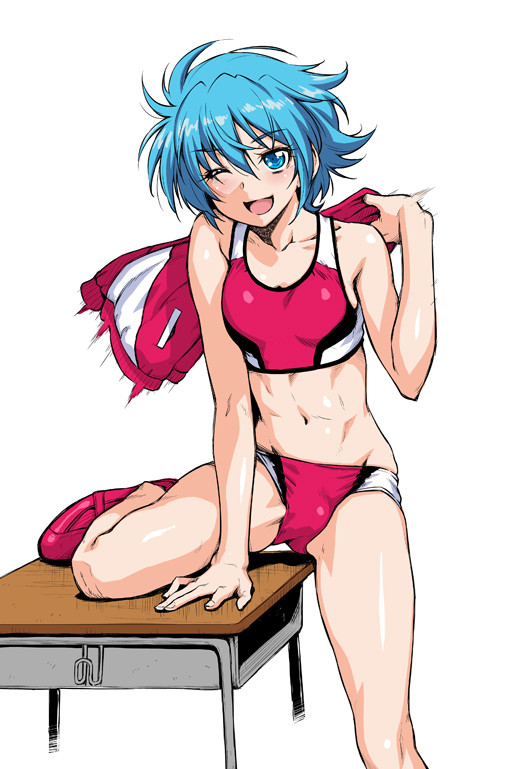 ;d arm_support bare_legs bare_shoulders blue_eyes blue_hair blush desk jacket jacket_removed kazuma_muramasa midriff navel nishijima_waon one_eye_closed open_mouth precure school_desk short_hair simple_background smile solo sports_bikini standing standing_on_one_leg suite_precure toned track_jacket white_background