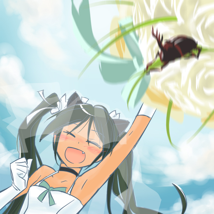 alternate_costume bare_shoulders beetle black_hair blush bouquet bug closed_eyes cloud collar day dress fang flower francesca_lucchini gloves hair_ribbon insect long_hair mukiki rhinoceros_beetle ribbon saitou_chiwa seiyuu_connection smile solo strike_witches throwing twintails wedding wedding_dress white_gloves world_witches_series